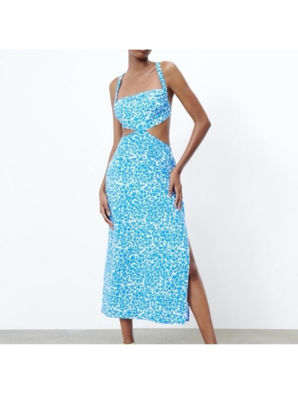 Zara Blue Floral Cutout Midi Dress
